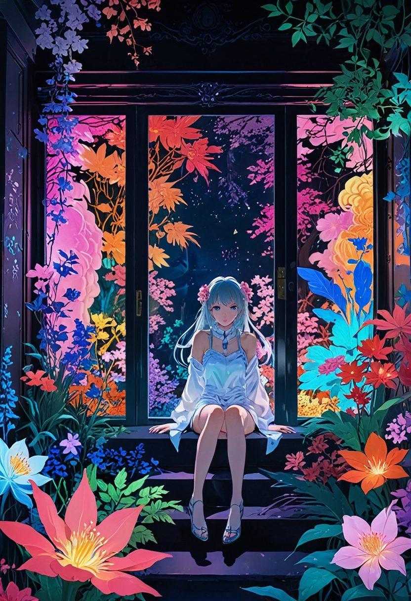 A visually striking and vibrant collage of adult anime characters exploring a whimsical, fantastical world. The scene includes hidden rooms filled with erotic art and secret desires, illuminated by soft neon lights. Ethereal elements like flowers and abstract shapes blend with the characters, invoking a sense of mystery and allure. Subtle hints of sensuality and adventure are intertwined, inviting viewers to discover more. colorful, surreal, anime-inspired.