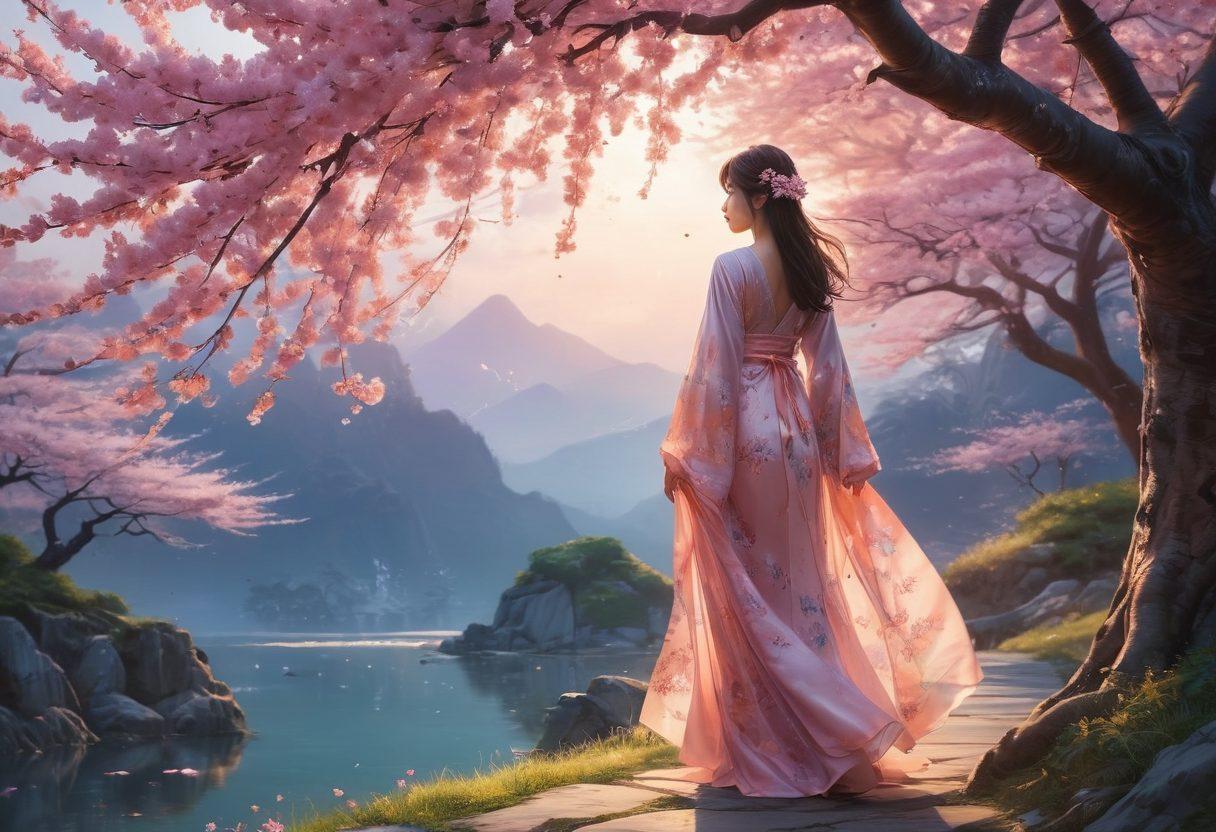 An artistic blend of ethereal anime characters exploring a mystical, dreamlike landscape, with an emphasis on sensuality and elegance. Incorporate vibrant colors that evoke emotions, featuring soft glowing elements surrounding the characters. Add intricate patterns and subtle hints of adult themes, using a warm and inviting atmosphere. The scene should be framed by delicate cherry blossom trees, creating a balance between beauty and intimacy. super-realistic. vibrant colors. dreamlike ambiance.